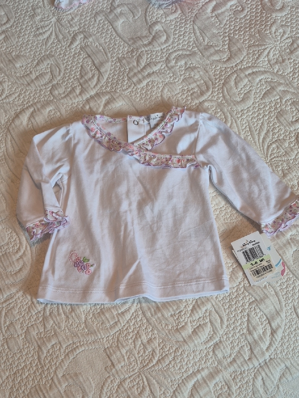 Kissy Kissy girls size 3-6 months long sleeve top floral trim NWT pink white
